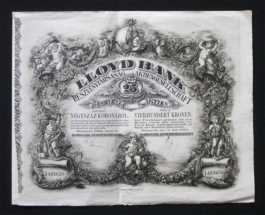 Lloyd Bank Részvénytársaság részvény 25x400 korona 1923